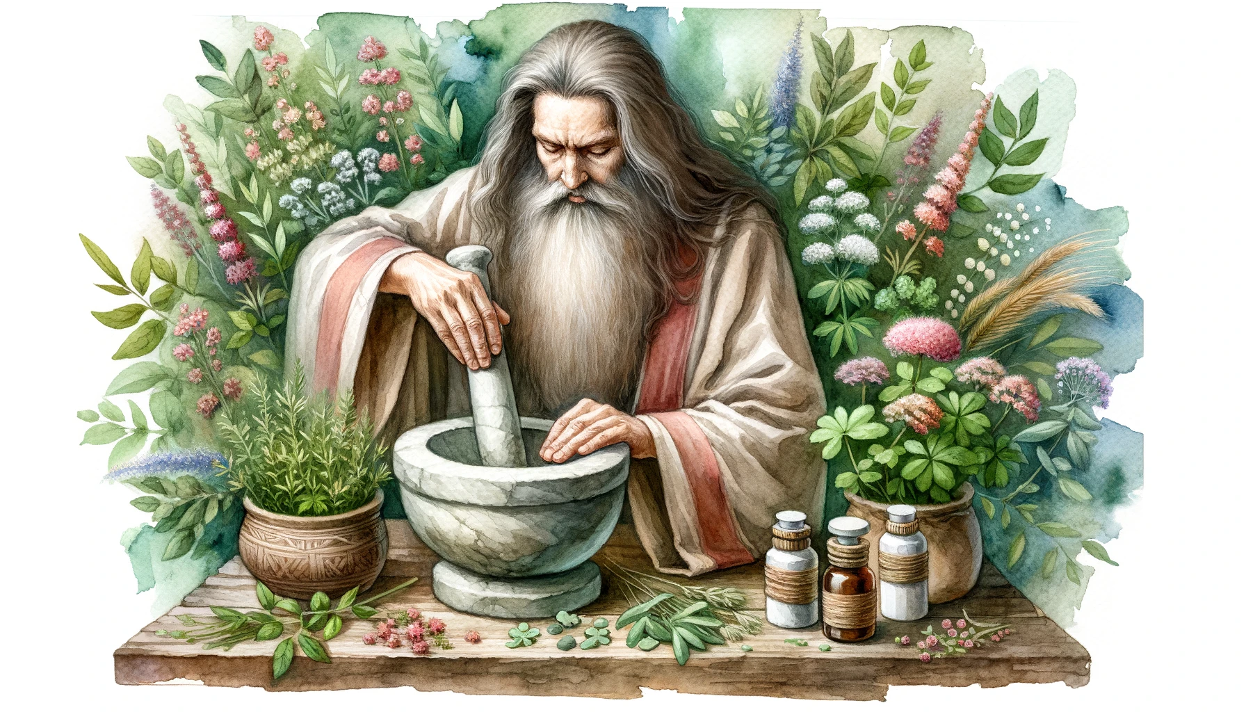 DALL·E 2023-10-21 15.06.25 - Watercolor painting of an ancient healer mixing herbs in a mortar, symbolizing traditional medicinal uses of plants containing Apigenin. Suitable for 